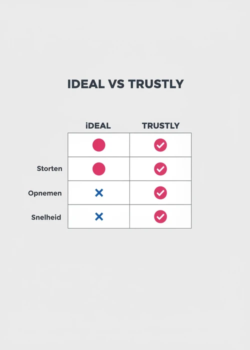iDEAL versus Trustly bij een casino vergeleken op storten, opnemen en snelheid in een tabel.