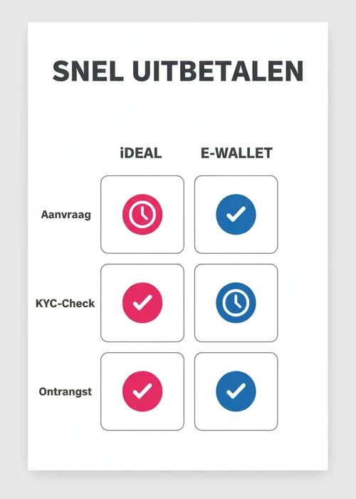 Snel uitbetalen bij casino met iDEAL: iDEAL en e-wallet vergeleken op aanvraag, KYC-check en ontvangst in een tabel.