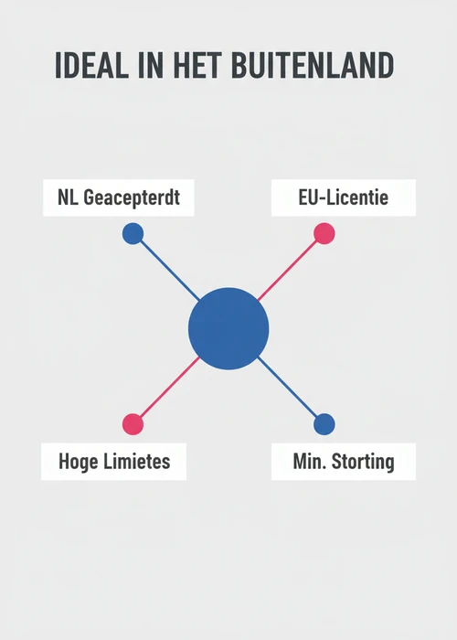 iDEAL in het buitenland als radiaal overzicht: EU-licentie, min. storting, hoge limieten en NL geaccepteerd.